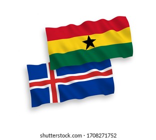 National vector fabric wave flags of Iceland and Ghana isolated on white background. 1 to 2 proportion.