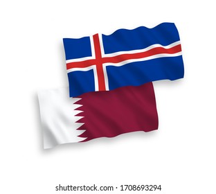 Banderas de olas de tela vectorial nacional de Islandia y Qatar aisladas en fondo blanco. 1 a 2 proporciones.