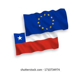 National vector fabric wave flags of European Union and Chile isolated on white background. 1 to 2 proportion.
