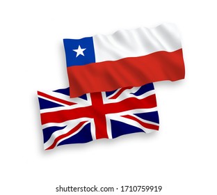 National vector fabric wave flags of Great Britain and Chile isolated on white background. 1 to 2 proportion.