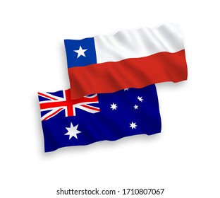 National vector fabric wave flags of Australia and Chile isolated on white background. 1 to 2 proportion.