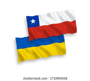 National vector fabric wave flags of Chile and Ukraine isolated on white background. 1 to 2 proportion.