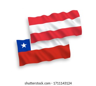 National vector fabric wave flags of Austria and Chile isolated on white background. 1 to 2 proportion.