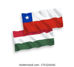National vector fabric wave flags of Chile and Hungary isolated on white background. 1 to 2 proportion.