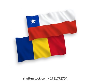 National vector fabric wave flags of Romania and Chile isolated on white background. 1 to 2 proportion.