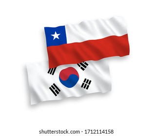 National vector fabric wave flags of South Korea and Chile isolated on white background. 1 to 2 proportion.