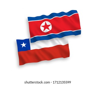 National vector fabric wave flags of North Korea and Chile isolated on white background. 1 to 2 proportion.