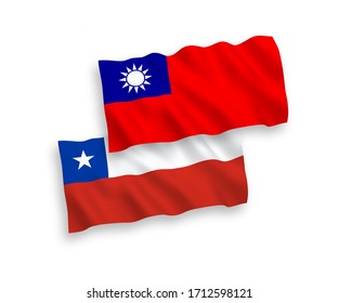 National vector fabric wave flags of Chile and Taiwan isolated on white background. 1 to 2 proportion.
