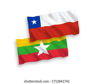 Länderspezifische Vektorillustration-Wellen-Flaggen von Chile und Myanmar einzeln auf weißem Hintergrund. 1 bis 2 %.