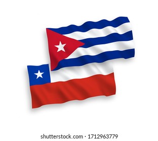 National vector fabric wave flags of Chile and Cuba isolated on white background. 1 to 2 proportion.