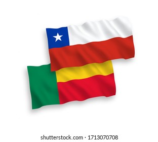 National vector fabric wave flags of Chile and Benin isolated on white background. 1 to 2 proportion.