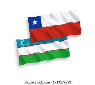 National vector fabric wave flags of Chile and Uzbekistan isolated on white background. 1 to 2 proportion.
