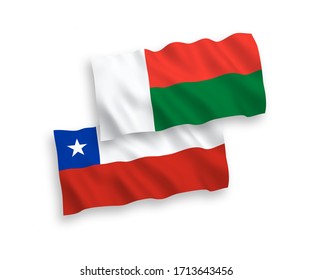 National vector fabric wave flags of Chile and Madagascar isolated on white background. 1 to 2 proportion.