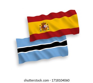 National vector fabric wave flags of Botswana and Spain isolated on white background. 1 to 2 proportion.