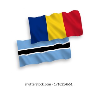 Banderas de olas de tela vectorial nacional de Rumania y Botswana aisladas en fondo blanco. 1 a 2 proporciones.