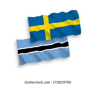 National vector fabric wave flags of Sweden and Botswana isolated on white background. 1 to 2 proportion.