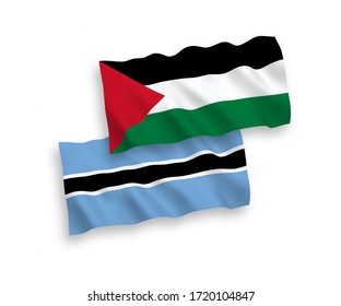 Banderas de olas de tela vectorial nacional de Botswana y Palestina aisladas de fondo blanco. 1 a 2 proporciones.