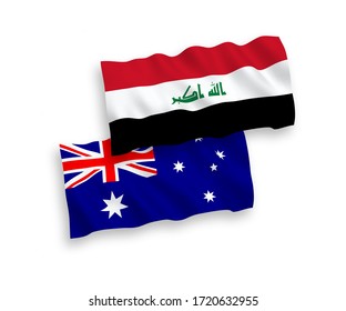 Banderas de olas de tela vectorial nacional de Australia e Iraq aisladas en fondo blanco. 1 a 2 proporciones.
