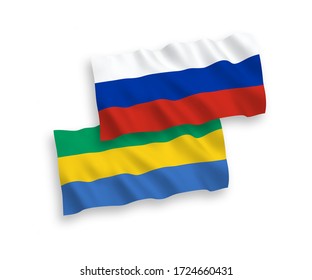National vector fabric wave flags of Gabon and Russia isolated on white background. 1 to 2 proportion.