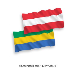 National vector fabric wave flags of Austria and Gabon isolated on white background. 1 to 2 proportion.