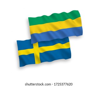 National vector fabric wave flags of Sweden and Gabon isolated on white background. 1 to 2 proportion.
