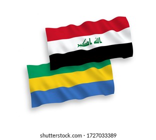 National vector fabric wave flags of Gabon and Iraq isolated on white background. 1 to 2 proportion.