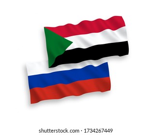 Banderas de olas de tela vectorial nacional de Sudán y Rusia aisladas en fondo blanco. de 1 a 2.