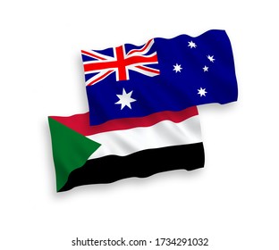 National vector fabric wave flags of Australia and Sudan isolated on white background. 1 to 2 proportion.