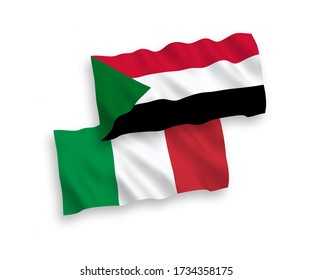 Nationale Vektor-Wellen-Flaggen von Italien und Sudan isoliert auf weißem Hintergrund. 1 bis 2 Anteil.