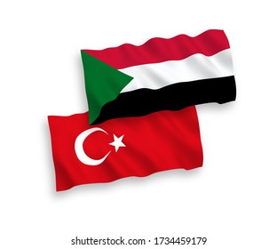 National vector fabric wave flags of Turkey and Sudan isolated on white background. 1 to 2 proportion.