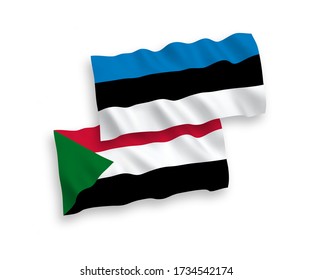 National vector fabric wave flags of Estonia and Sudan isolated on white background. 1 to 2 proportion.
