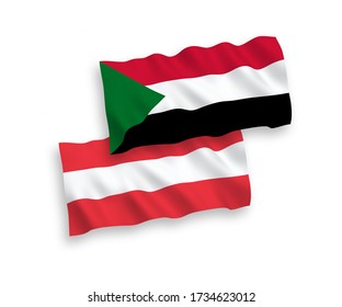 National vector fabric wave flags of Austria and Sudan isolated on white background. 1 to 2 proportion.