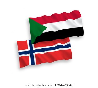 National vector fabric wave flags of Norway and Sudan isolated on white background. 1 to 2 proportion.