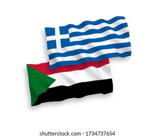 National vector fabric wave flags of Greece and Sudan isolated on white background. 1 to 2 proportion.