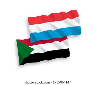 National vector fabric wave flags of Sudan and Luxembourg isolated on white background. 1 to 2 proportion.