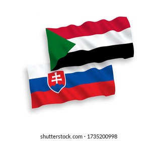 National vector fabric wave flags of Slovakia and Sudan isolated on white background. 1 to 2 proportion.