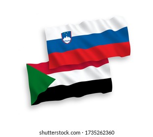 National vector fabric wave flags of Slovenia and Sudan isolated on white background. 1 to 2 proportion.