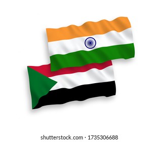 National vector fabric wave flags of India and Sudan isolated on white background. 1 to 2 proportion.