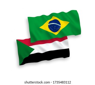 National vector fabric wave flags of Brazil and Sudan isolated on white background. 1 to 2 proportion.