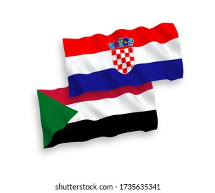 National vector fabric wave flags of Sudan and Croatia isolated on white background. 1 to 2 proportion.