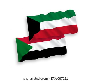 National vector fabric wave flags of Sudan and Kuwait isolated on white background. 1 to 2 proportion.