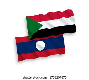 National vector fabric wave flags of Sudan and Laos isolated on white background. 1 to 2 proportion.