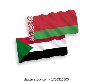 Nationale Vektor-Wellen-Flaggen des Sudan und Weißrusslands isoliert auf weißem Hintergrund. 1 bis 2 Anteil.