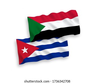 National vector fabric wave flags of Sudan and Cuba isolated on white background. 1 to 2 proportion.