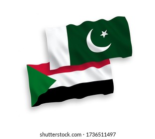 National vector fabric wave flags of Sudan and Pakistan isolated on white background. 1 to 2 proportion.