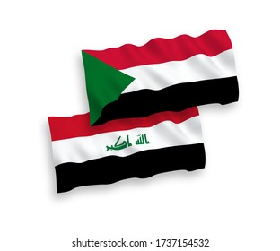 National vector fabric wave flags of Sudan and Iraq isolated on white background. 1 to 2 proportion.