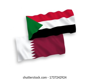 Banderas de olas de tela vectorial nacional de Sudán y Qatar aisladas en fondo blanco. de 1 a 2.