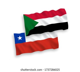 National vector fabric wave flags of Sudan and Chile isolated on white background. 1 to 2 proportion.