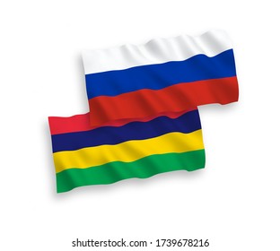 Banderas de olas de tela vectorial nacional de Mauricio y Rusia aisladas en fondo blanco. de 1 a 2.