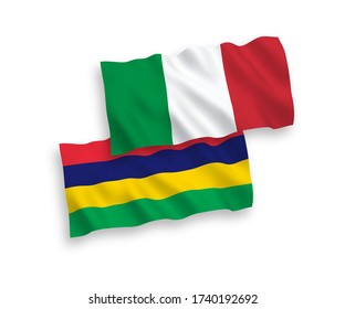 National vector fabric wave flags of Italy and Mauritius isolated on white background. 1 to 2 proportion.